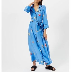 Ganni Floral Blue Shirt Dress Crepe Silk